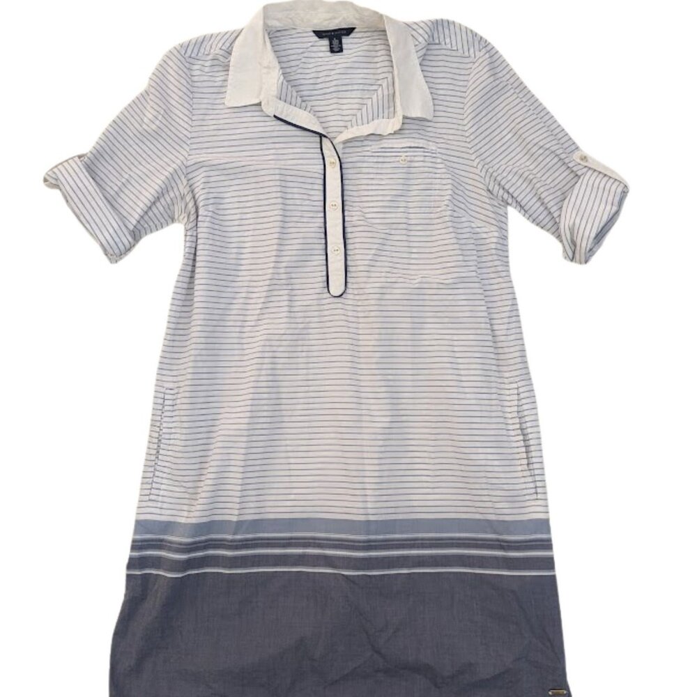 Tommy Hilfiger V-Neck Polo Cotton Shirt Dress White Grey Stripe Women’s Size XL
